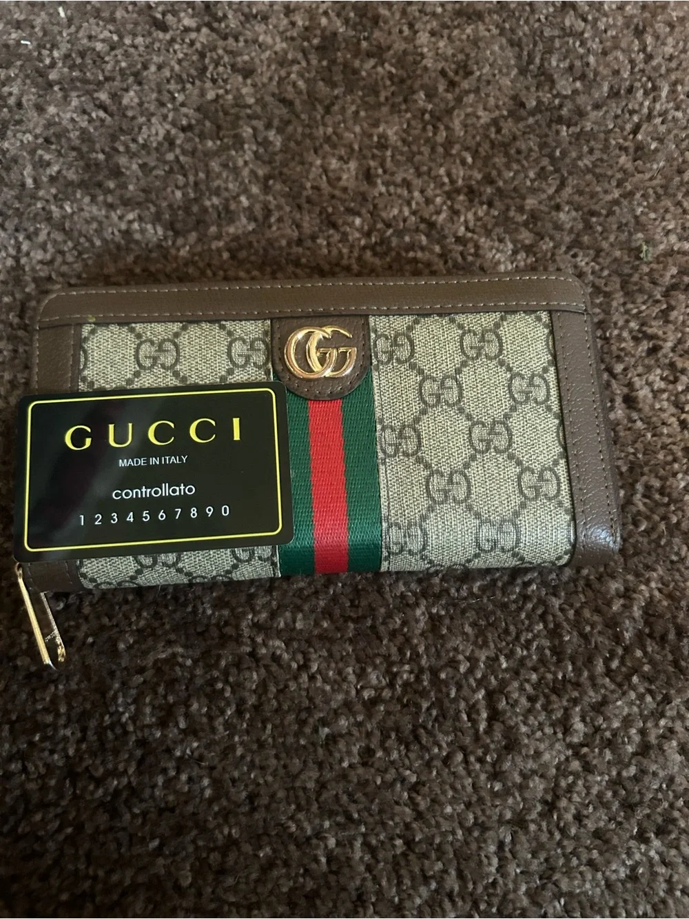 Gucci GG Supreme Canvas Zip Wallet in Brown with Green and Red Web - Picture 2 of 5